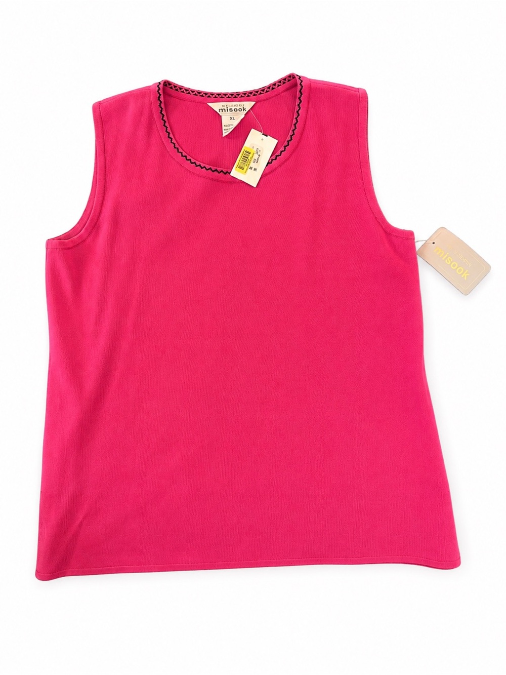 NEW Misook Women’s XL Hot Pink Sleeveless Knit Top Black Trim Preppy Classic